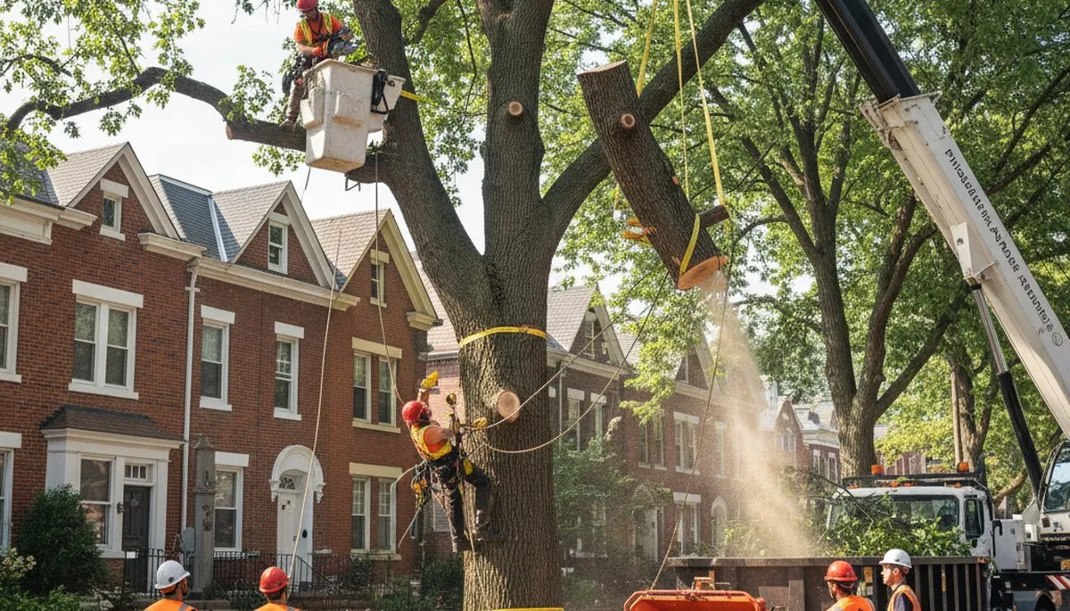 Professional arborists performing safe tree removal with crane and chainsaws in Philadelphia, PA