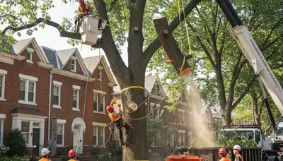 Professional arborists performing safe tree removal with crane and chainsaws in Philadelphia, PA