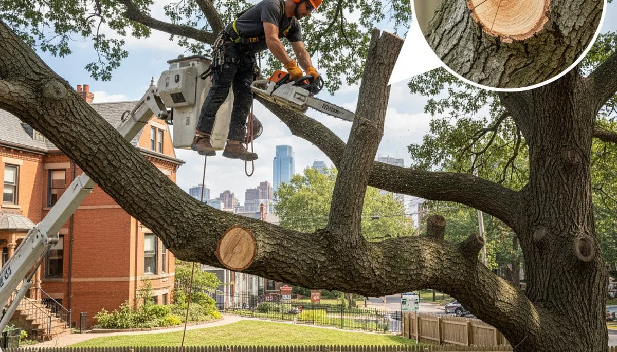Arborist removing dead branches from mature tree in Philadelphia, PA for safe, expert tree trimming
