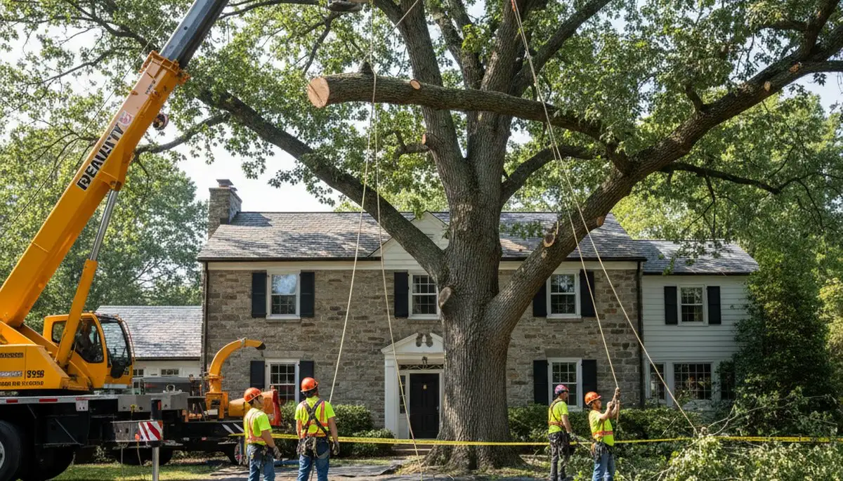 Arborists performing large tree removal with bucket truck in Bala Cynwyd, Philadelphia, PA