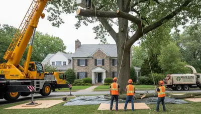 Arborists using bucket truck for large tree removal at Merion Station home near Philadelphia, PA