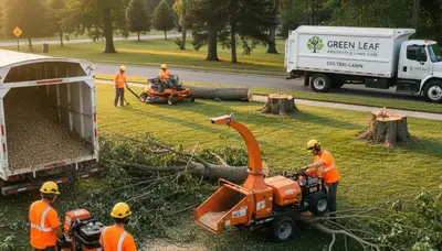 Lawn care experts trimming trees and mowing grass in Philadelphia, PA for Chop Chop Tree services