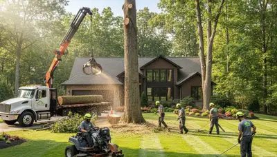 Professional lawn and tree service team working in Philadelphia, PA yard maintenance project