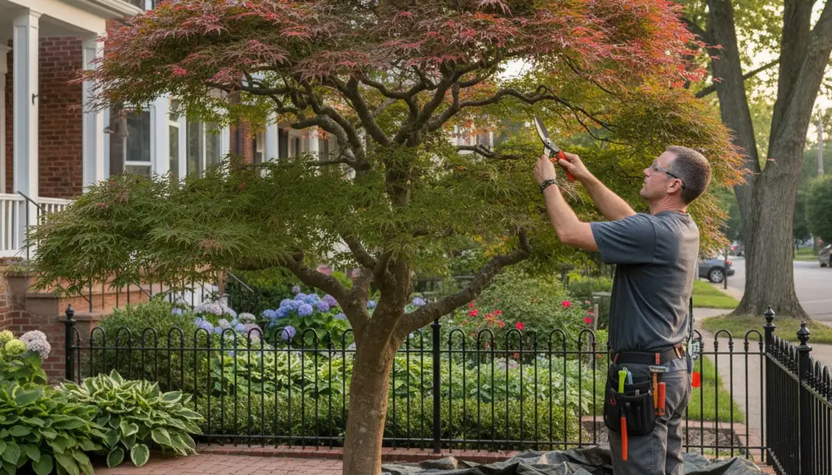 Arborist hand pruning ornamental Japanese maple in Philadelphia, PA residential landscape