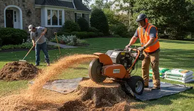 Professional stump grinding service removing tree stump in Merion Station, Philadelphia, PA lawn