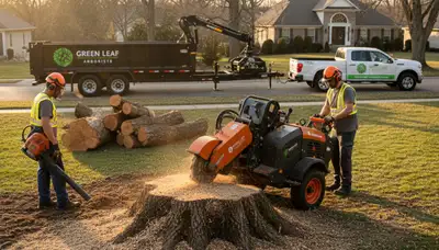 Arborist performing stump removal in a Philadelphia, PA backyard with professional grinding equipment