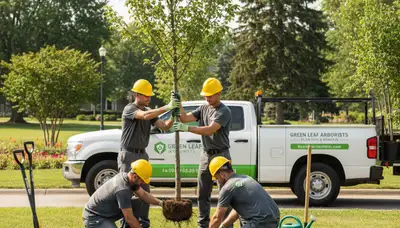 Arborist planting young tree in residential yard Philadelphia PA for Chop Chop Tree service