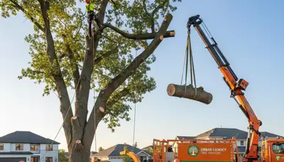Professional tree removal crew cutting damaged oak in Philadelphia, PA yard
