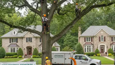 Professional tree removal service in Philadelphia, PA safely cutting large oak tree