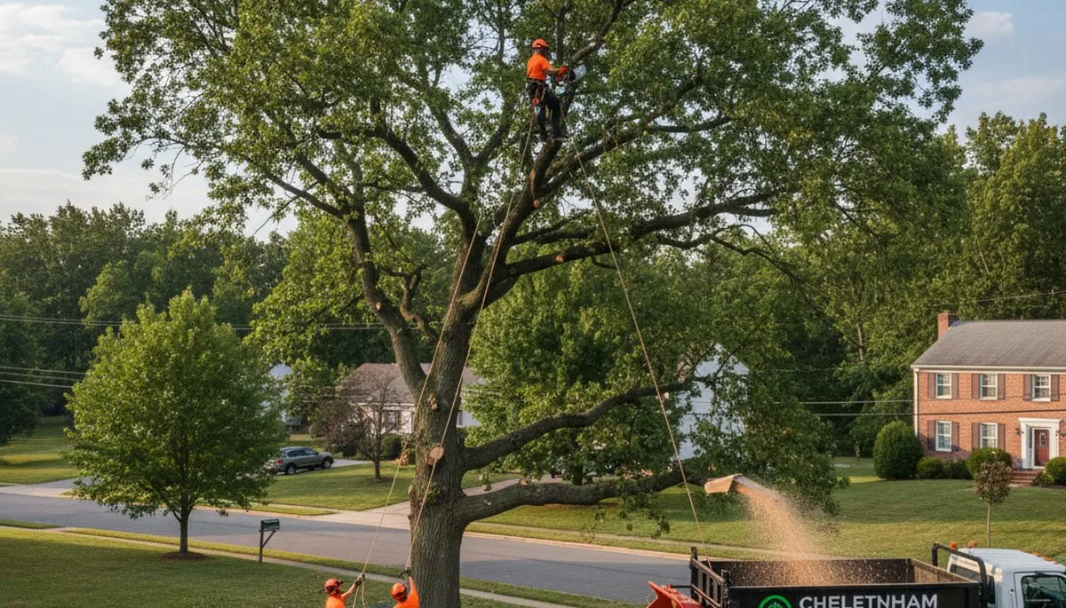 Professional tree removal service in Philadelphia PA safely cutting down large oak tree