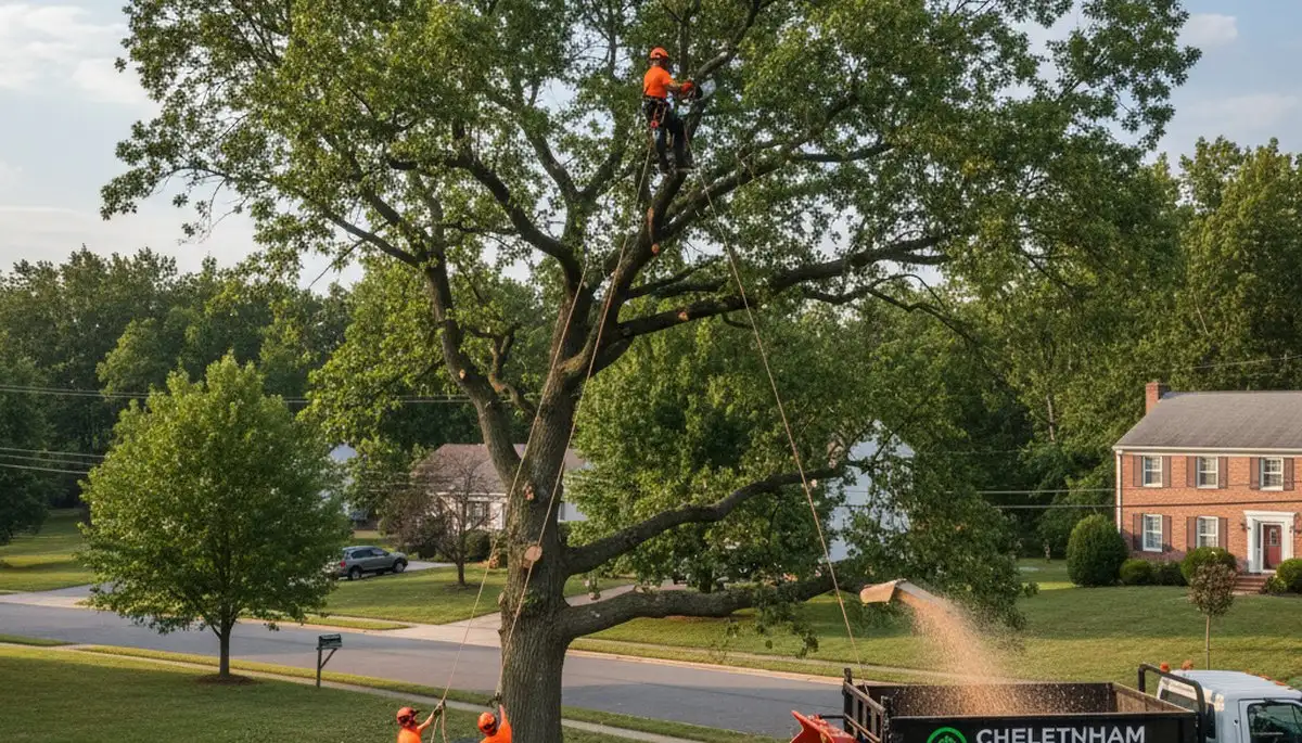 Professional tree removal service in Philadelphia PA safely cutting down large oak tree