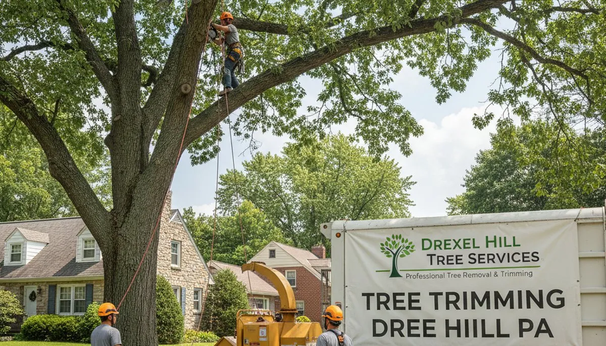 Professional tree removal service in Philadelphia, PA safely cutting down large backyard tree