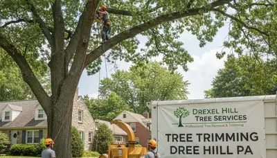 Professional tree removal service in Philadelphia, PA safely cutting down large backyard tree