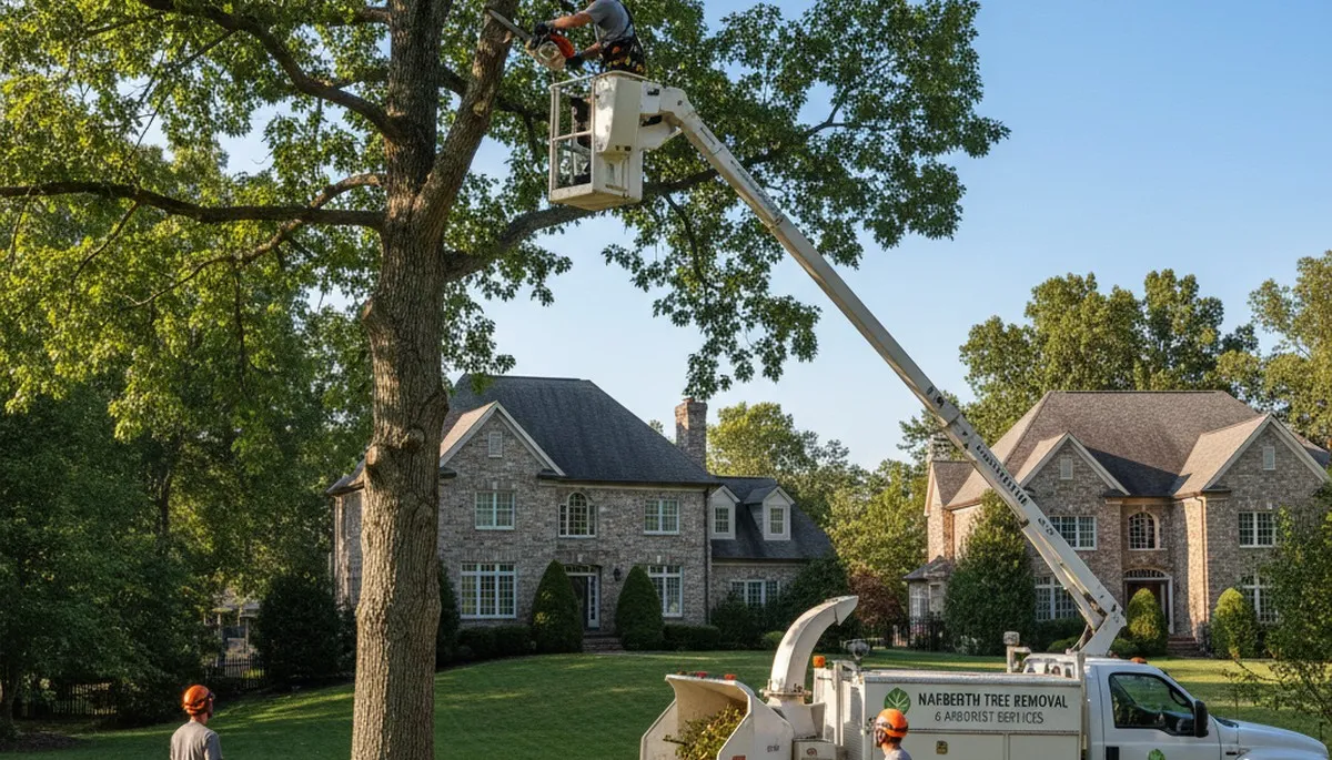 Professional tree removal service in Philadelphia PA with crew safely cutting large oak tree
