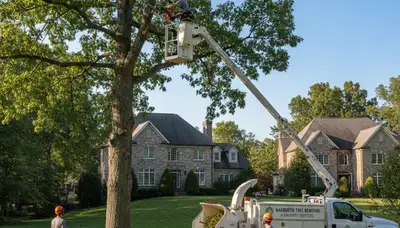 Professional tree removal service in Philadelphia PA with crew safely cutting large oak tree