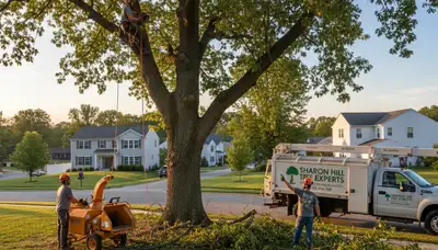 Professional tree removal service in Philadelphia, PA safely cutting and clearing large backyard trees