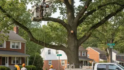 Professional tree removal service in Philadelphia PA safely cutting large oak tree