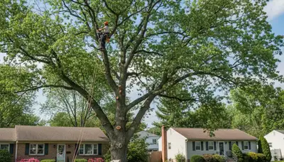 Professional tree removal service in Philadelphia PA safely cutting down large oak tree